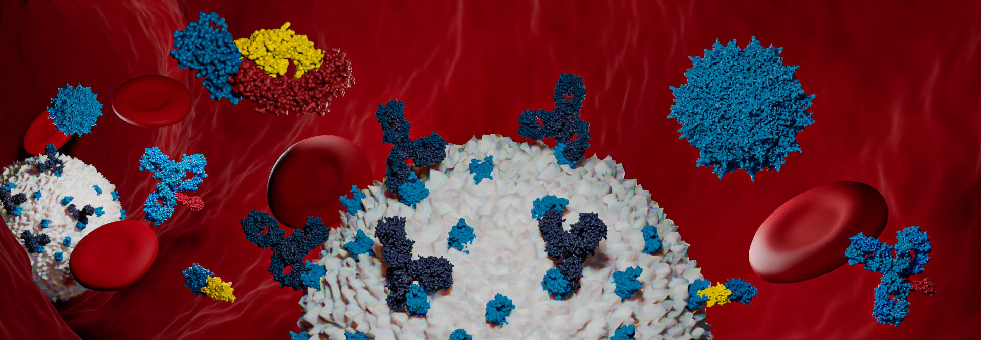 3d render of AAVs, nanobodies and blue igG antibodies binding receptors on a white t-cell in a red blood vessel scene generated by Biofidus AG