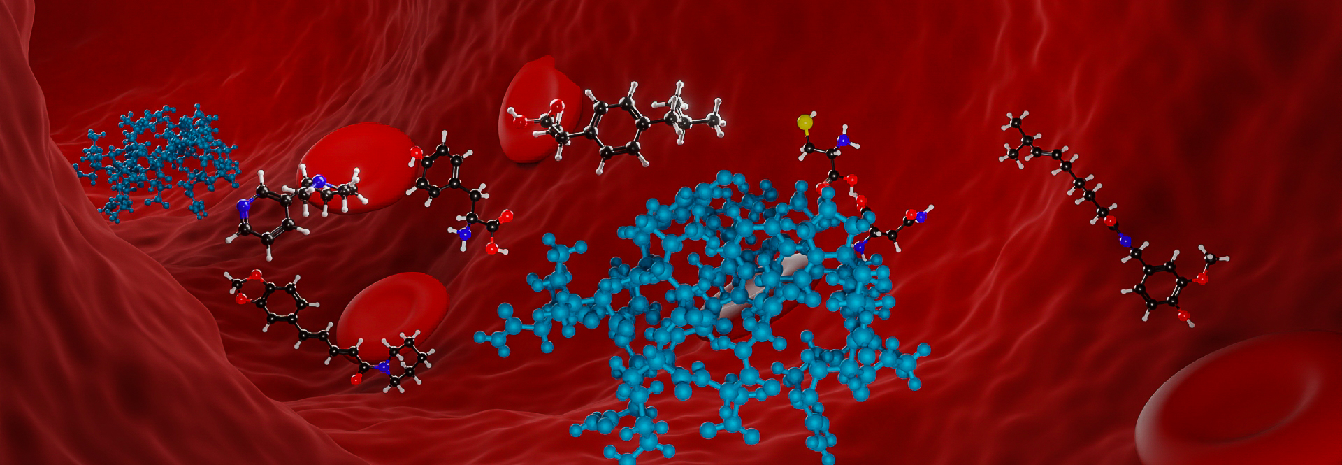 3d render of chemical structures of aminoacid chains and metabolites in a red blood vessel generated by Biofidus AG