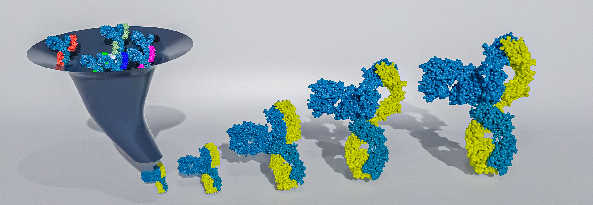 Developability studies. 3d render of antibodies falling through a funnel.