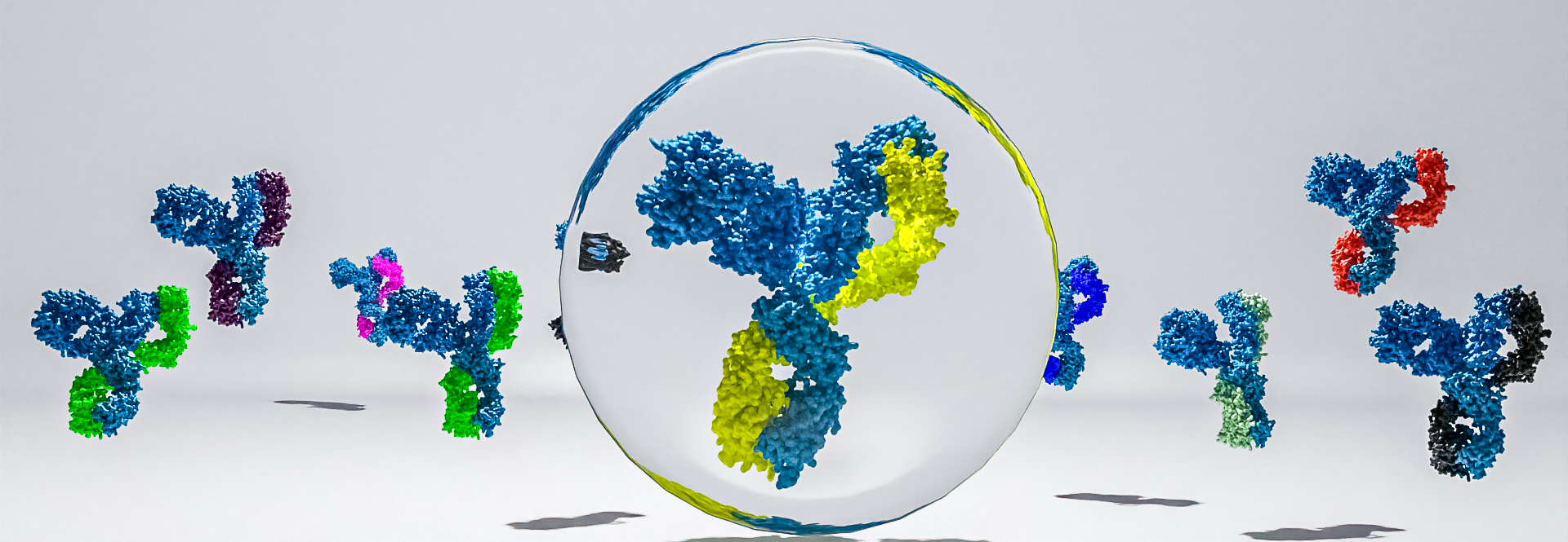 Lead and clone selection. 3D render of antibodies. one highlighted under a magnification glass.