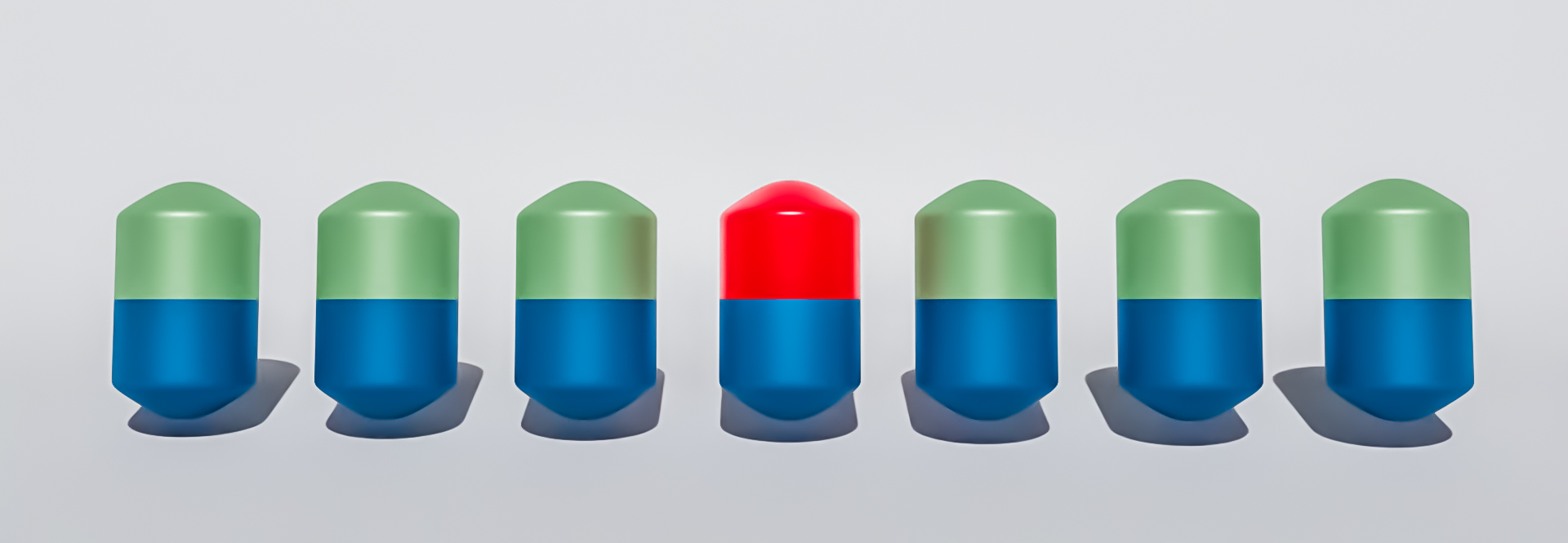 Impurity Analysis. 3D render of capsules one with highlighted red cap instead of green cap