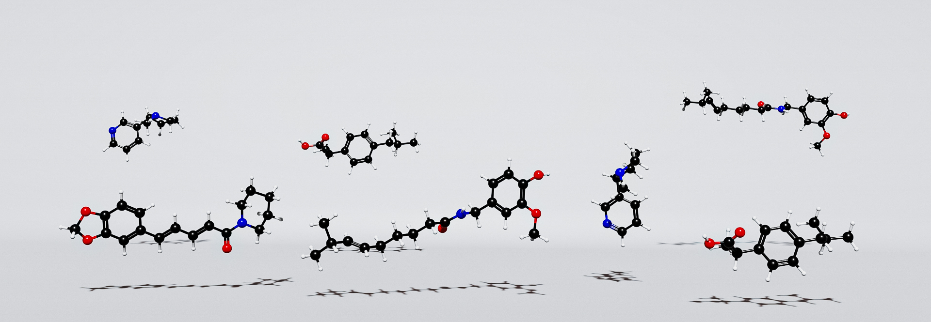 Metabolite analysis. 3D render of different chemical structures of metabolites.