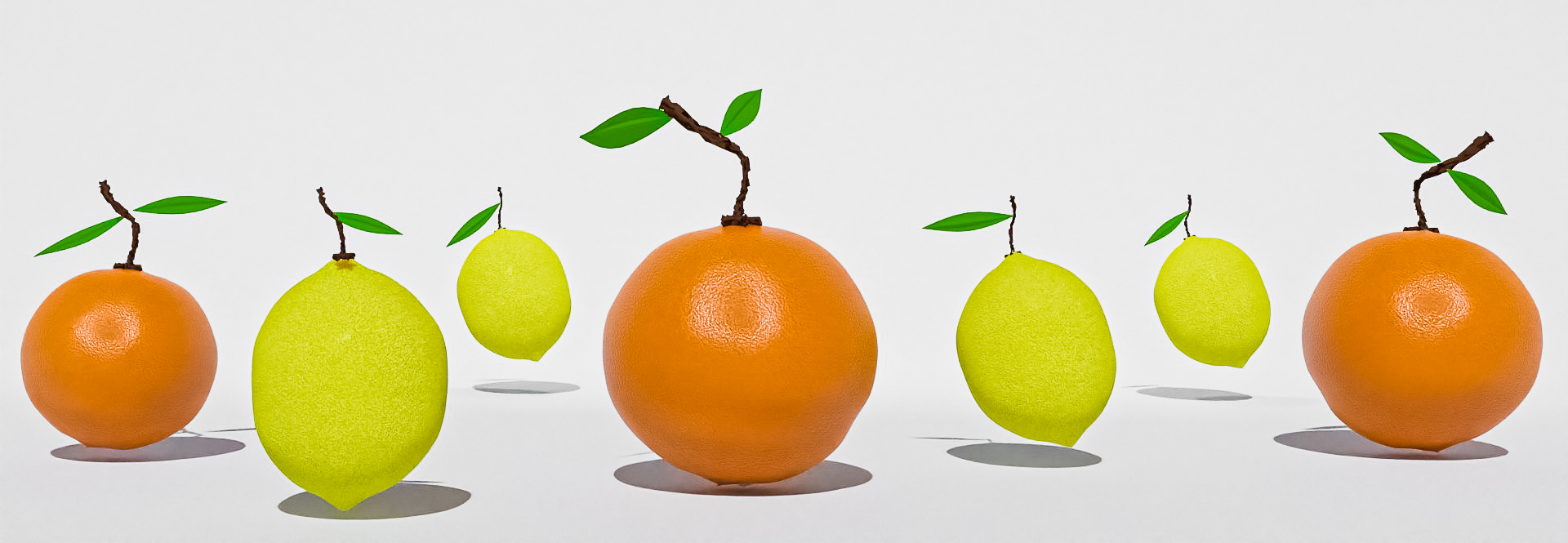 Vitamin analysis. 3D render of oranges and lemons